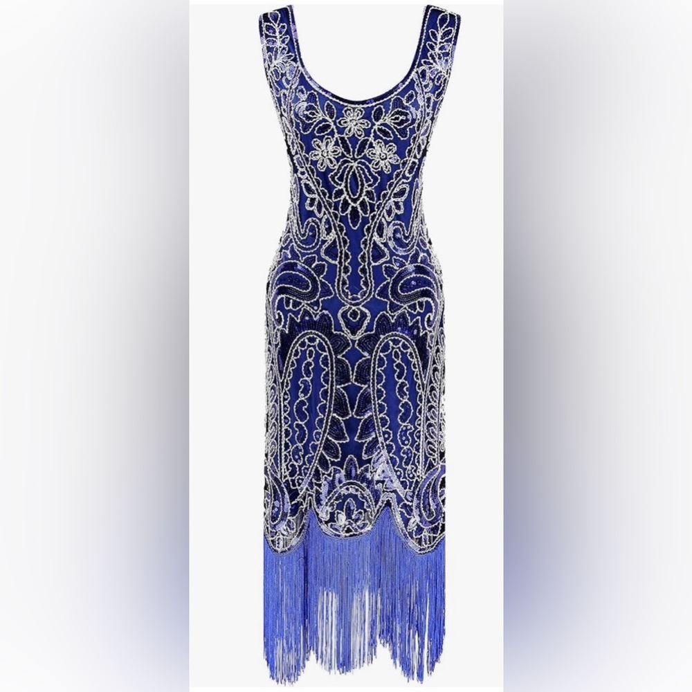 Fundaisy Beaded Royal Blue Flapper Fringe Dress